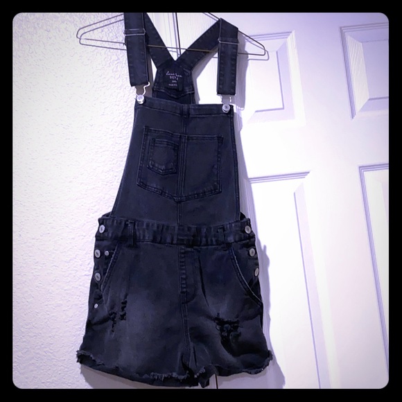 black denim short overalls